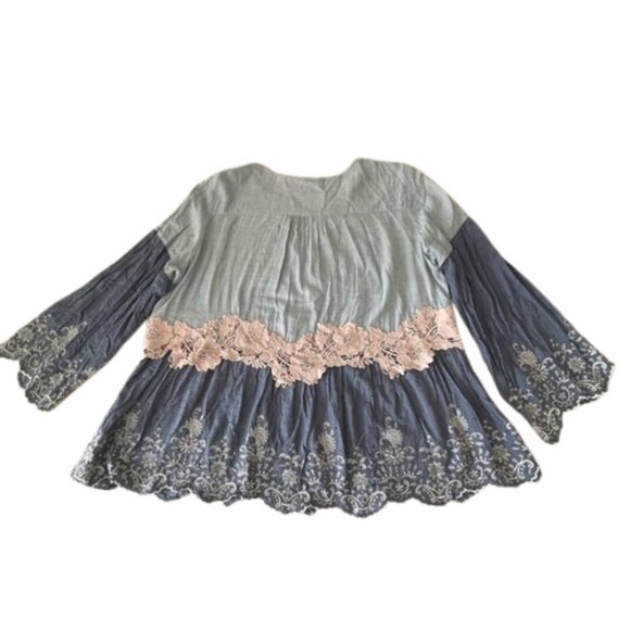 LOGO Lavish Boho Peasant Top M | Blue Mixed Media Swiss Dot Lace Hem Tunic - Picture 5 of 13